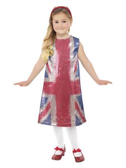 Piros-Kék Brit Zászló Mintás Flitteres Jelmez Kislányoknak 